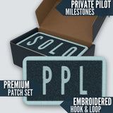 Embroidered Hook and Loop patches for private pilot milestones.