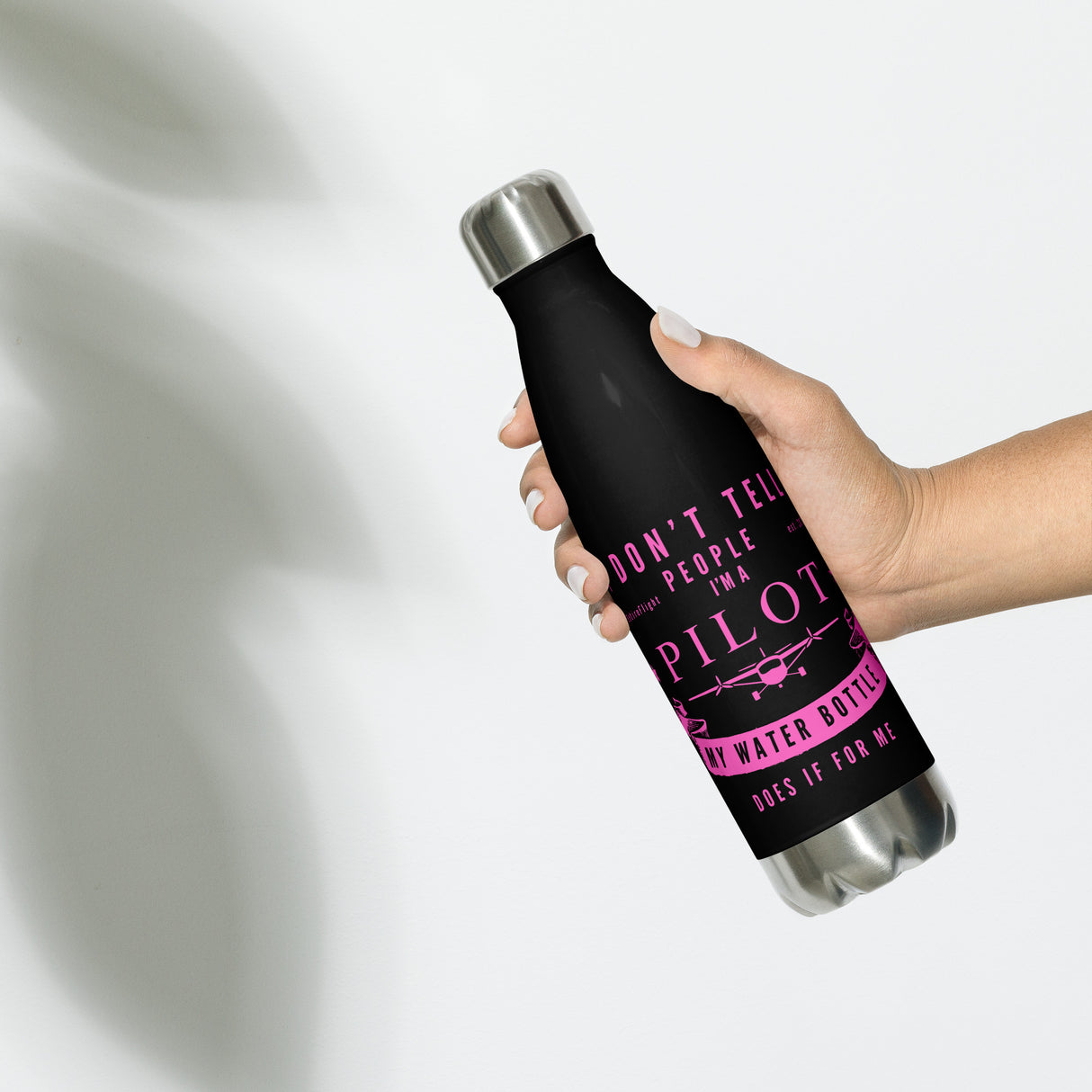 EntireFlight Stainless Steel Water Bottle Hot Pink on Black -  Say You're a Pilot Without Saying You're a Pilot - Gifts for Pilots - Aviation Humor